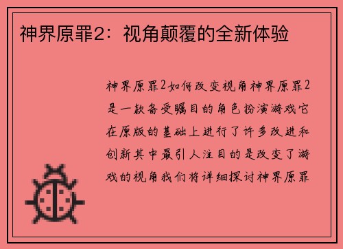神界原罪2：视角颠覆的全新体验