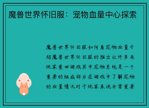 魔兽世界怀旧服：宠物血量中心探索