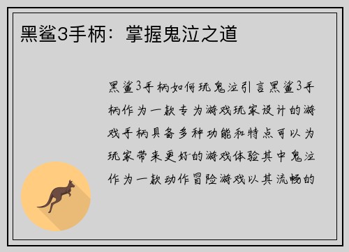 黑鲨3手柄：掌握鬼泣之道