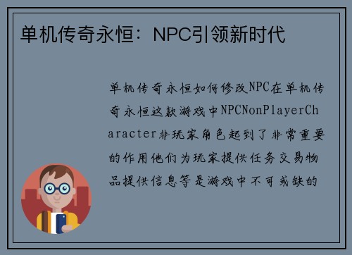 单机传奇永恒：NPC引领新时代